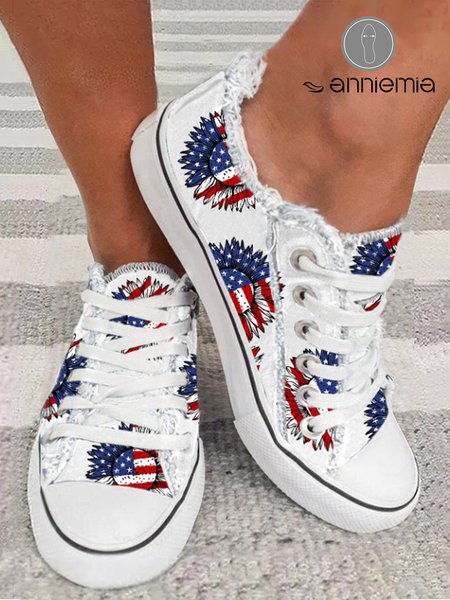 

Independence Day America Flag Sunflower Print Raw Hem Canvas Shoes, White, Sneakers