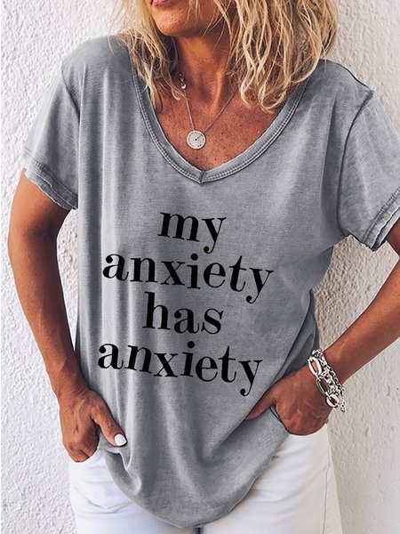 

Women's Funny Graphic Anxiety V Neck Casual T-Shirt, Gray, T-shirts
