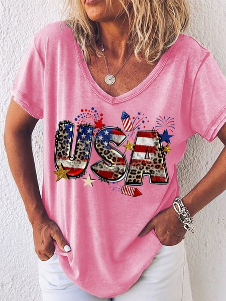 

Text Letters Loose Casual V Neck T-Shirt, Pink, T-shirts