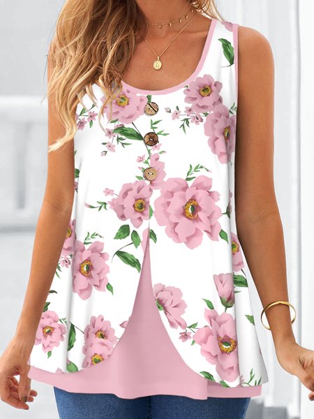 

Floral Loose Casual Tank Top, Pink, Tanks & Camis