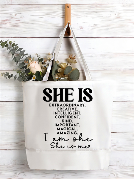 

Women's She Is Extraordinary Creative intelligent Confident Kind Important Magical Amazing I Am She She Is Me Funny Shopping Tote, White, Bags