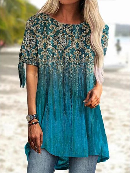 

Casual Crew Neck Ethnic Loose Shirt, Blue, Shirts & Blouses