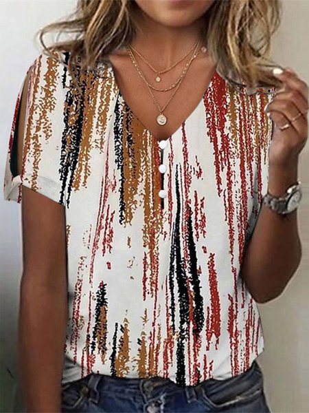 

Loose Casual Striped V Neck T-Shirt, Brown, T-Shirts