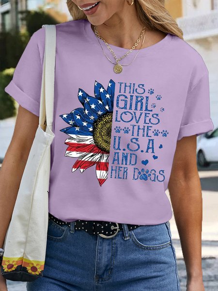 

Women's Cotton Dog Lover Patriotic Casual Crew Neck T-Shirt, Purple, T-shirts