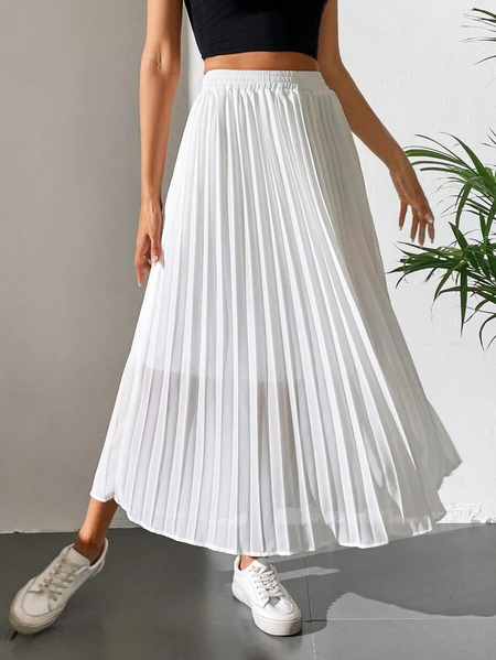 

Plain Elegant Chiffon Solid Pleated Hem Skirt, White, Skirts