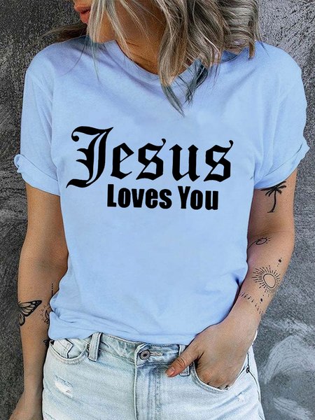 

Women's Cotton Jesus Loves You Print Casual T-Shirt, Light blue, T-shirts