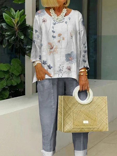 

Casual Loose Floral Crew Neck Two-Piece Set, Gray, Suit Set
