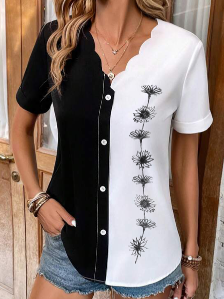 

Color Block V Neck Loose Casual Shirt, Black-white, Shirts & Blouses