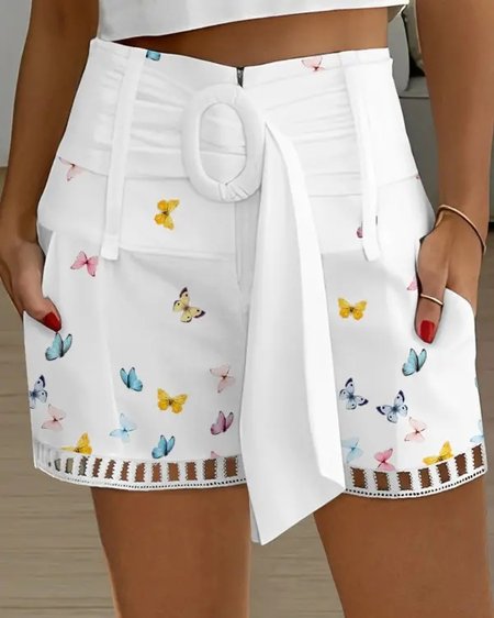 

Butterfly Print Hollow Out Shorts, White, Shorts
