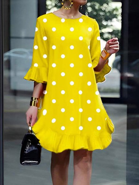 

Elegant Crew Neck Ruffled Sleeves Loose Polka Dots Dress, Yellow, Mini Dresses