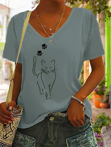 

JFN Casual V Neck Cotton-blend Cat T-Shirt, Gray, T-Shirts