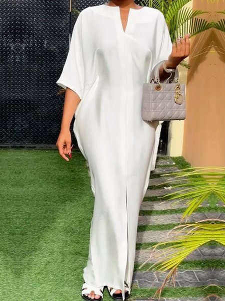 

Plus Size Loose V Neck Elegant Plain Dress, White, Plus Dresses