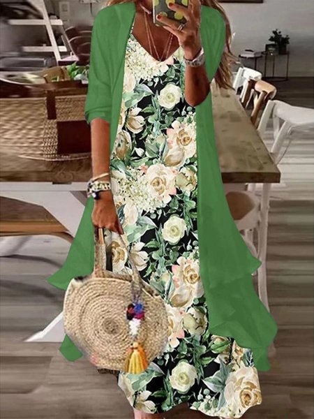 

Wrap Casual Floral Two-Piece Set, Green, Suit Set