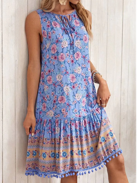 

Vacation Loose Crew Neck Dress With No Belt, Blue purple, Dresses