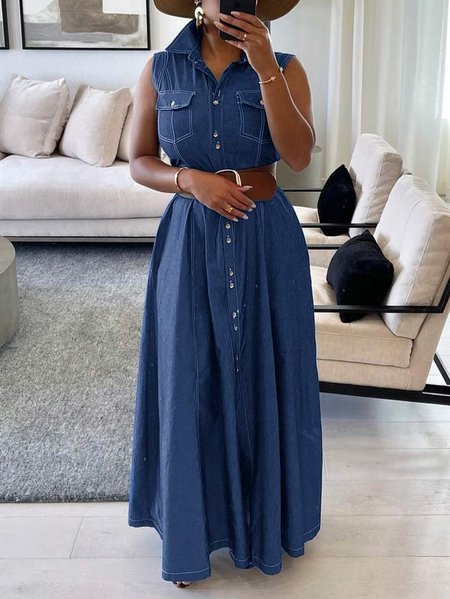 

Shirt Collar Urban Regular Fit Maxi Dress, Blue, Maxi Dresses