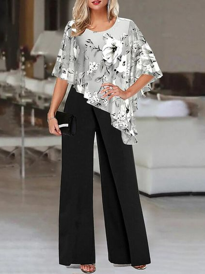 

Crew Neck Floral Two-Piece Set, Black, Suit Set