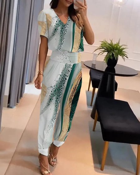 

Loose V Neck Plain Casual Two-Piece Set, Green, Suit Set