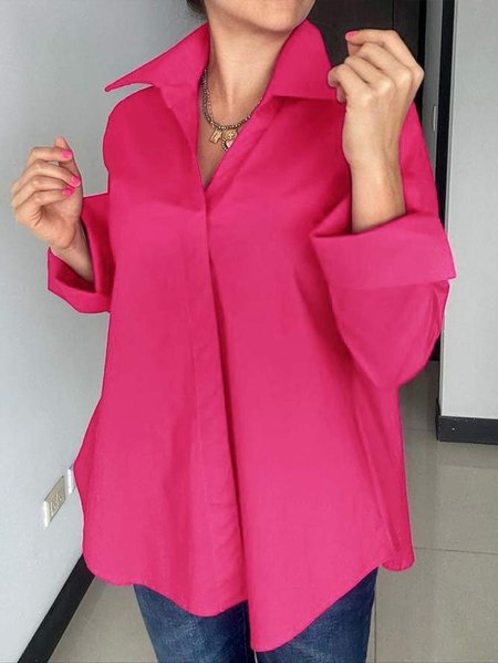 

Plain Shirt Collar Urban Loose Blouse, Deep pink, Blouses and Shirts