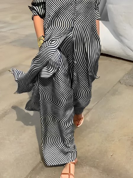 

Plus Size Casual Loose Striped Pants, Black-white, Plus Bottoms