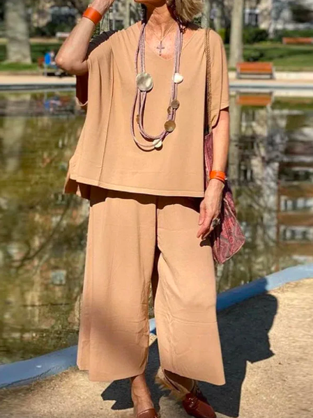 

Casual Loose Cotton Two-Piece Set, Khaki, Suit Set