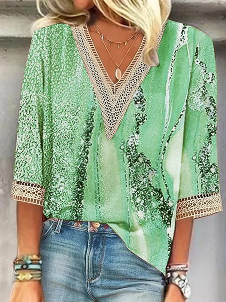 

Loose Abstract Print V Neck Casual Shirt, Green, Blouses