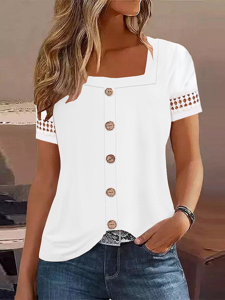 

Square Neck Casual Lace Plain Shirt, White, Tees & T-shirts
