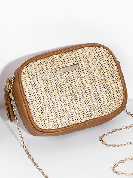 

Urban Casual Leather Stitching Straw Women Messenger Bag, Brown, Women's Bags