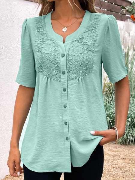 

Summer Sage Green Lace Panel Loose Shirt, Lightgreen, Shirts & Blouses