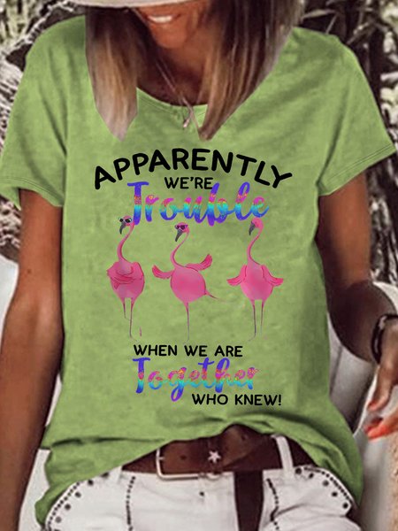 

Women's Funny Flamingo Apparently Trouble When We Are Together Who Knew Graphic Printing Crew Neck Cotton-Blend Text Letters Casual T-Shirt, Green, T-shirts