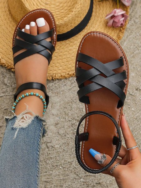 

Vintage Braided Plain Slip On Beach Sandals, Black, Sandals