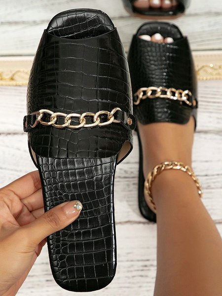 

Chain Decor Imitation Crocodile Peep Toe Slide Sandals, Black, Sandals & Slippers