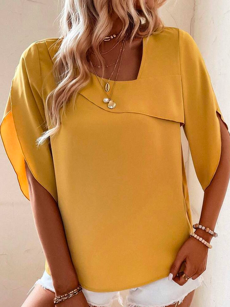 

Plain Casual Crew Neck Solid Asymmetrical Neck Petal Sleeve Blouse, Yellow, Shirts & Blouses