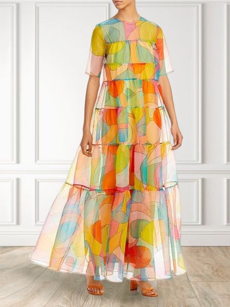

Crew Neck Vacation Geometric Loose Dress, As picture, Maxi Dresses