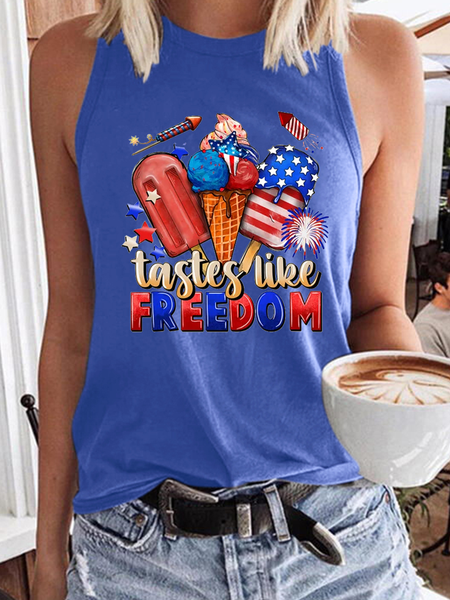 

Women’s 4th of July American Flag Tastes Like Freedom Crew Neck Tank Top, Light blue, Tank Tops