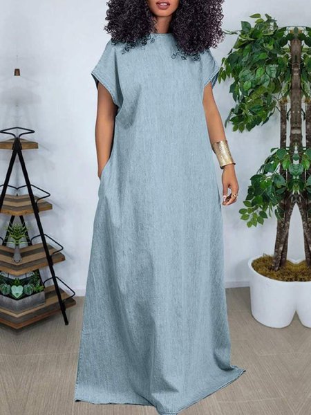 

Plus Size Denim Vacation Plain Crew Neck Dress, Light blue, Plus Dresses