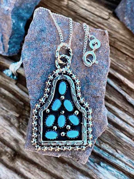 

Vintage Turquoise Ethnic Pattern Distressed Metal Necklace Ethnic Vacation Jewelry, Silver, Necklaces