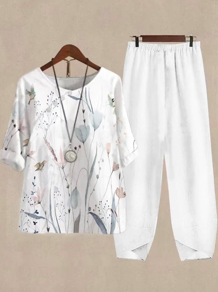 

Loose Casual Floral Cotton Two-Piece Set, White, Suit Set