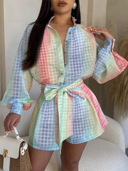 

Loose Vacation Shirt Collar Geometric Blouse, Multicolor, Blouses and Shirts