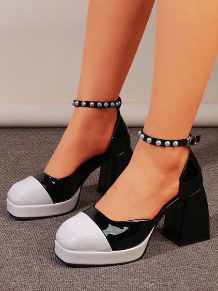 

Black and White Color Contrast Pearl Thick Heel Shoes, Flats
