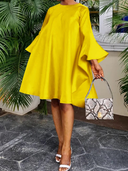 

Plus Size Crew Neck Three Quarter Plain Elegant Loose Dress, Yellow, Plus Dresses