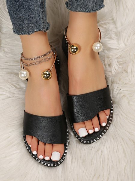 

Pearl Ring Casual Flat Sandals, Black, Sandals