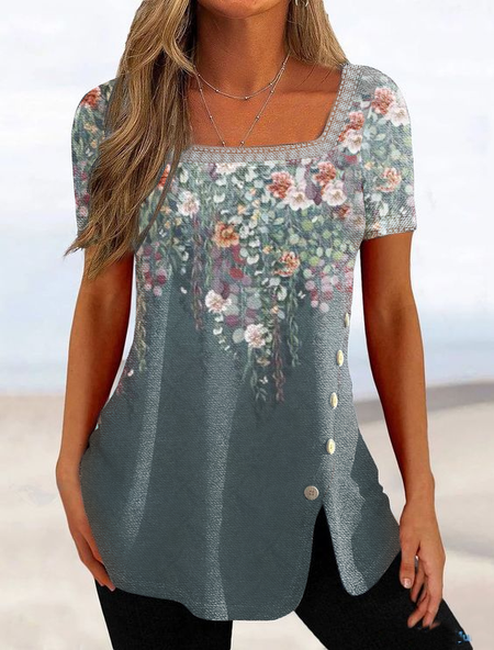 

Square Neck Casual Lace Floral T-Shirt, Darkgreen, Shirts & Blouses