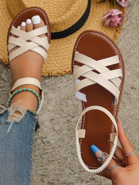 

Vintage Braided Plain Slip On Beach Sandals, Beige, Sandals