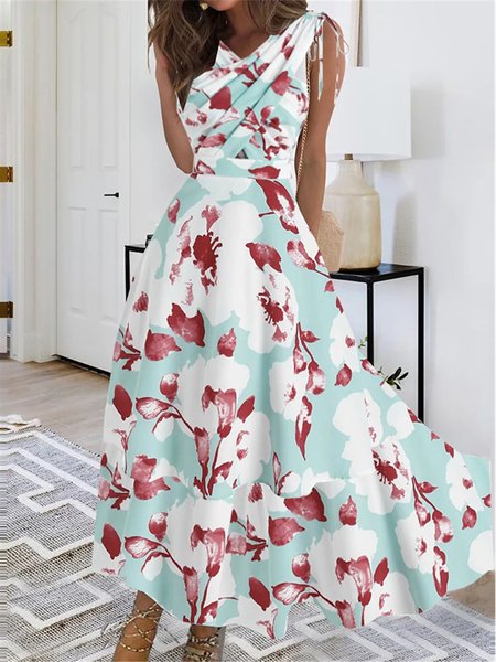 

Regular Fit Elegant V Neck Floral Dress, Lightgreen, Dresses