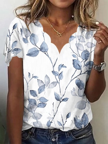 

Loose Casual Crew Neck Leaf T-Shirt, White, T-Shirts