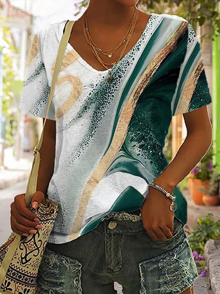 

Loose V Neck Gradient Pattern Casual T-Shirt, Green, T-Shirts