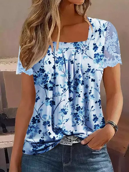 

Casual Lace Square Neck Floral Shirt, Blue, Blouses