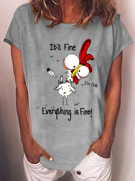

Women's Funny Chicken It’s Fine I‘m Fine Everything Is Fine Animal Casual Crew Neck T-Shirt, Gray, T-shirts