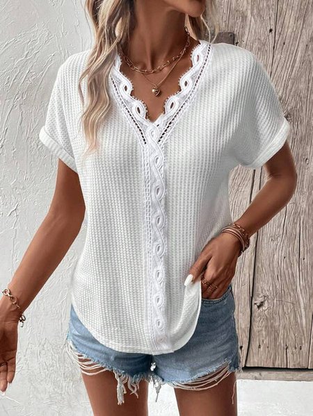 

Casual Plain Lace Edge Knitted T-Shirt, White, T-Shirts