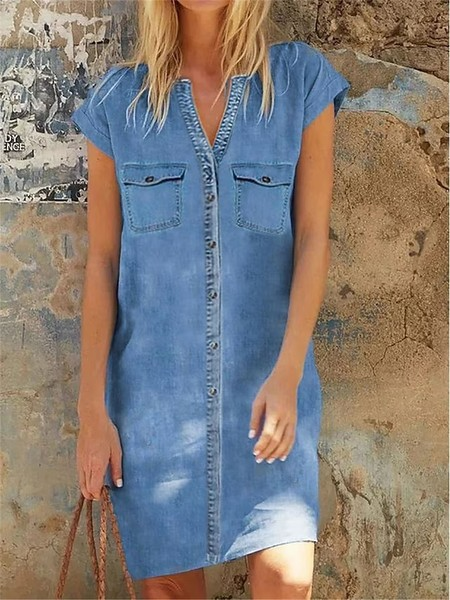 

Plain V Neck Casual Dress With No Belt, Blue, Dresses